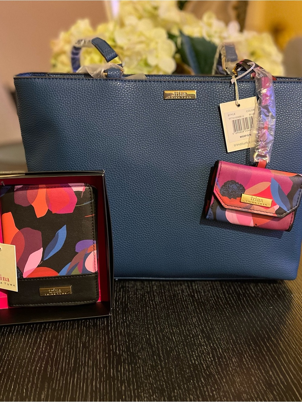 NWT Trina Turk Navy Blue Pebbled Tote with Pink & Purple Floral Wallet Set
